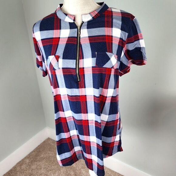 Jczhwqh Women's Short Sleeve Quarter Zip V Neck Plaid Top Size Large - Picture 1 of 7